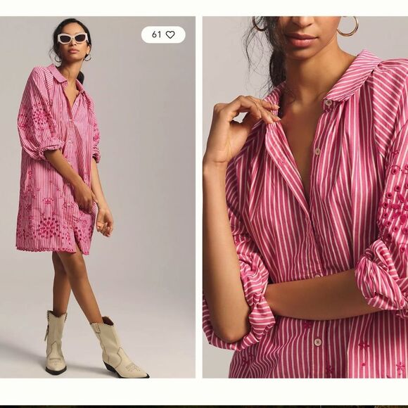 Scotch & Soda Embroidered Shirt Dress Striped Pink White  Anthropologie Size S - Picture 2 of 11